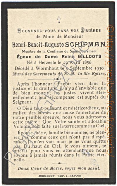 Henri Benoit Auguste Schipman poux de Dame Reine Gilloots, dcd  Wormhout, le 09 Septembre 1930.